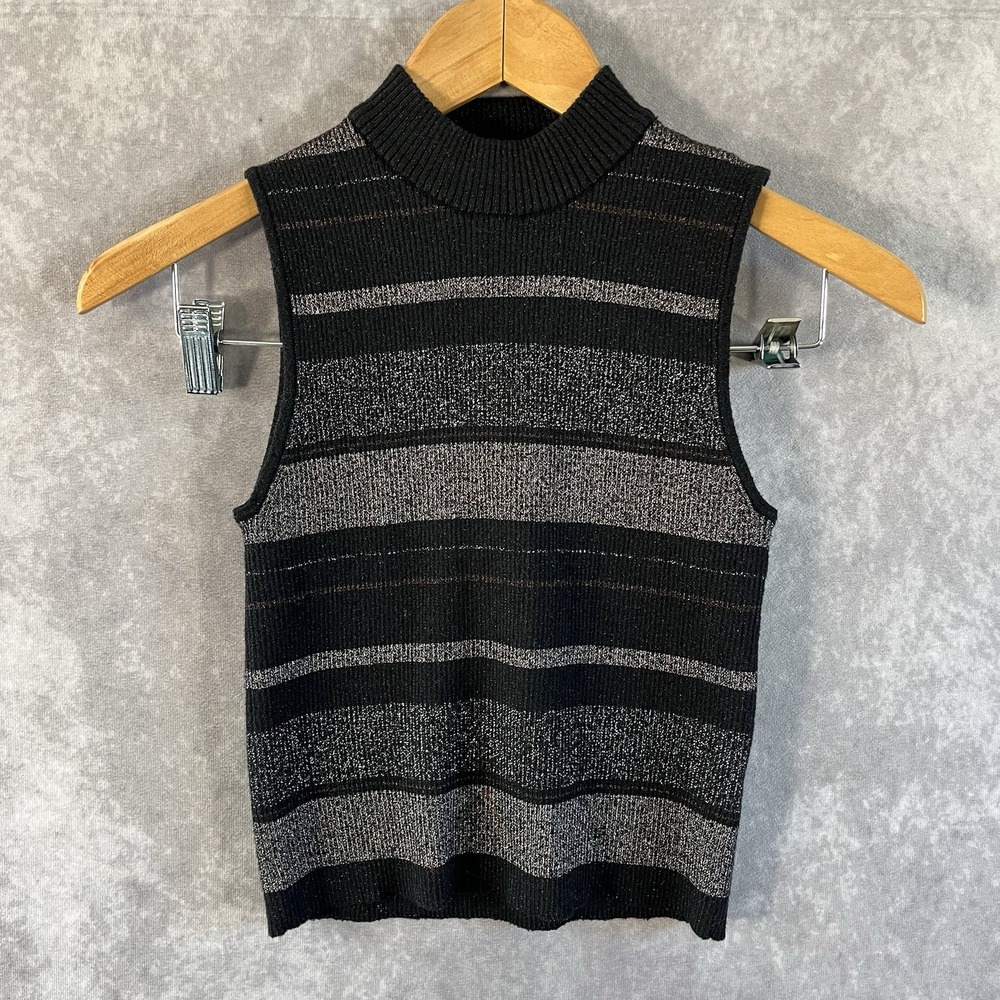 House of Harlow 1960 Knit Top Women XS Black Silver Metallic Striped Mock Neck